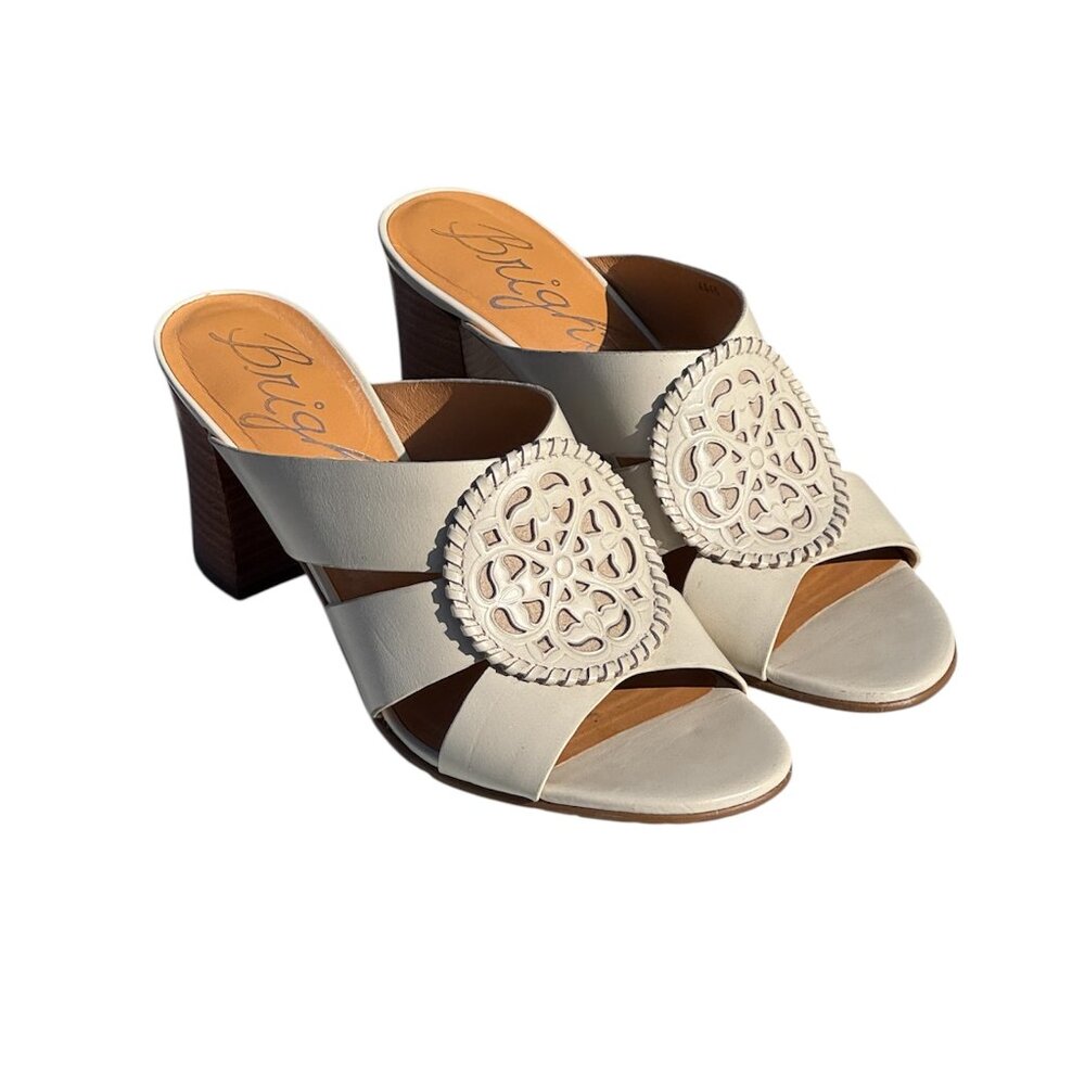 Brighton Cream Leather Cutout Medallion Slide Sandals